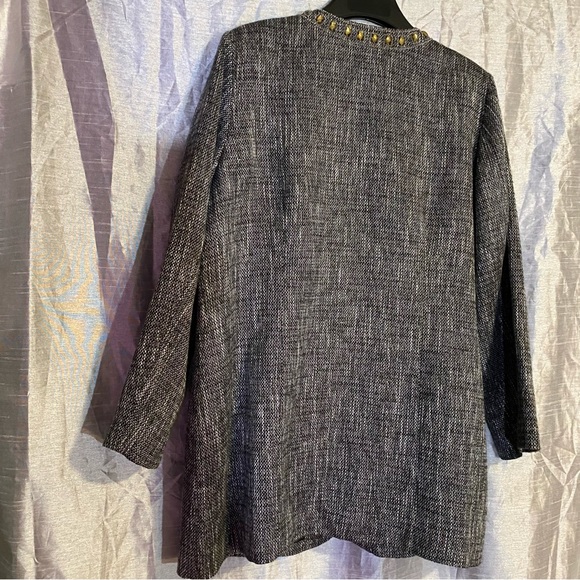 Chico’s tweed long jacket, SZ 3, XL hook closures,rhinestone embellishment, GUC - Picture 10 of 13